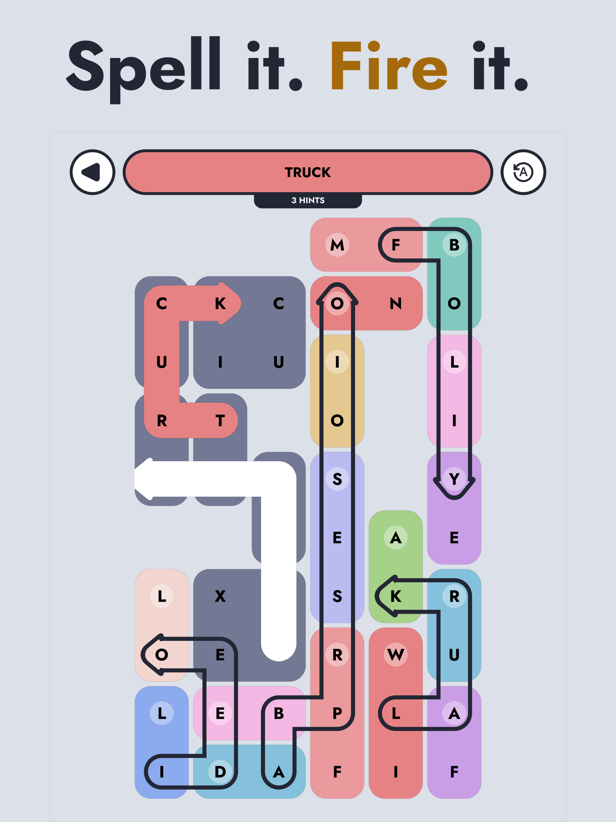 “Spell it. Fire it.” — a board of coloured letter blocks with the word TRUCK traced through it.