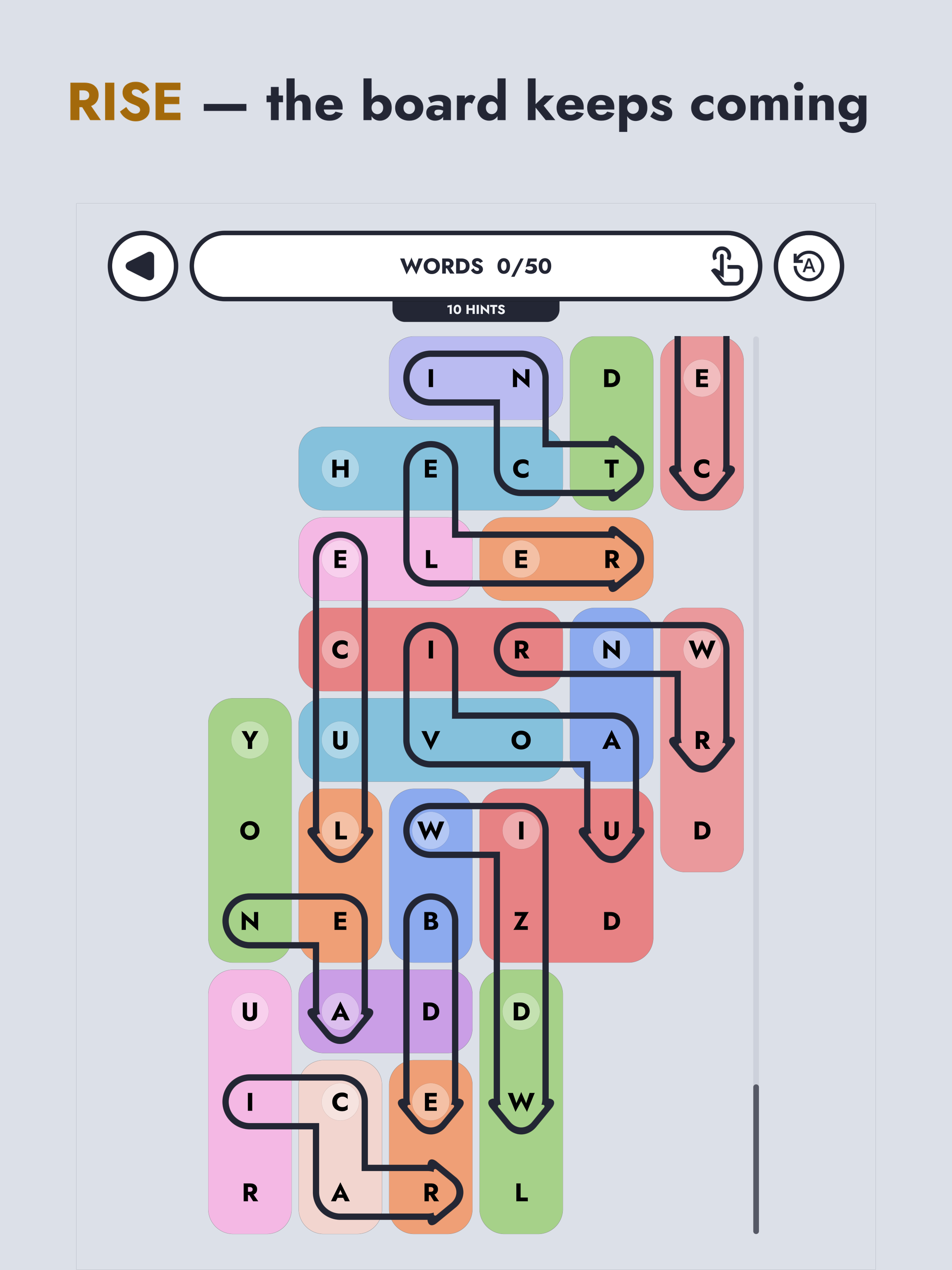 “RISE — the board keeps coming” — a scrolling board, 0 of 50 words found.