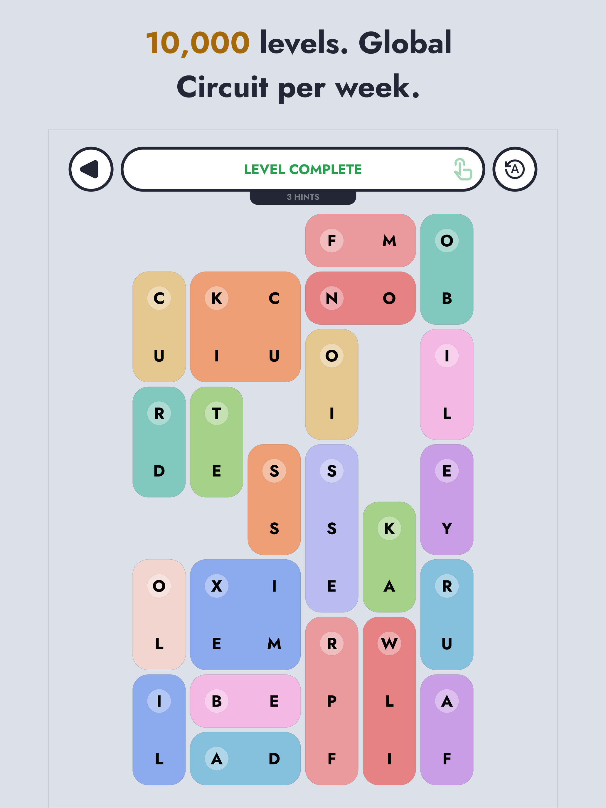 “10,000 levels. Global Circuit per week.” — a completed board under a LEVEL COMPLETE banner.