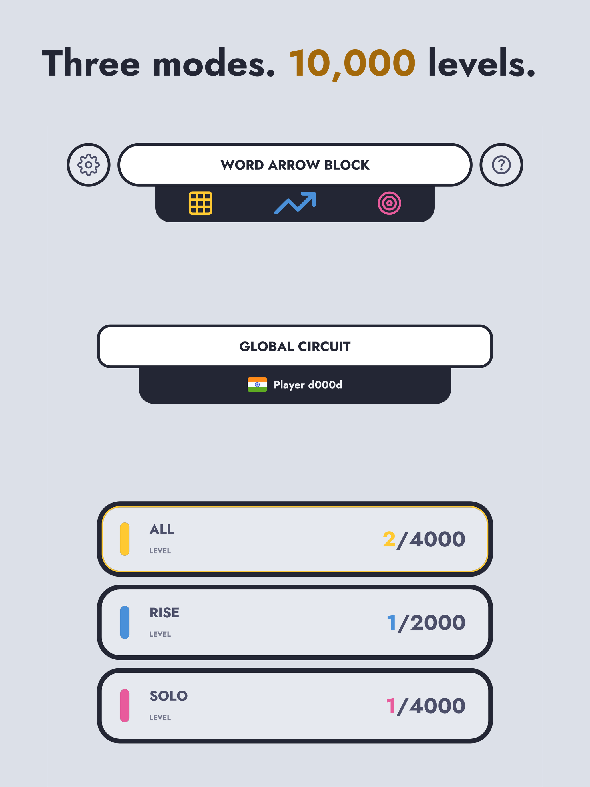 “Three modes. 10,000 levels.” — the main menu, showing progress through ALL, RISE and SOLO.