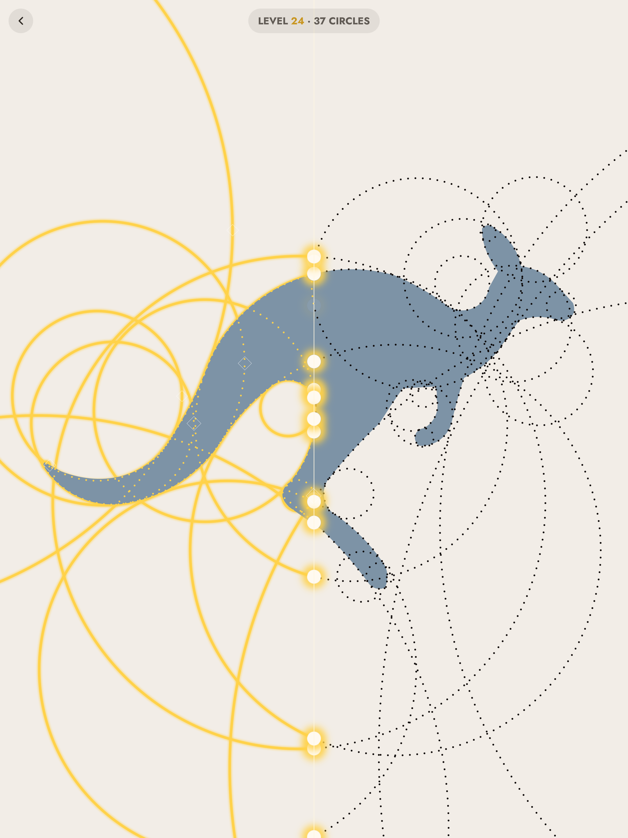 Level 24 solved: a kangaroo mid-leap, drawn from overlapping circles.
