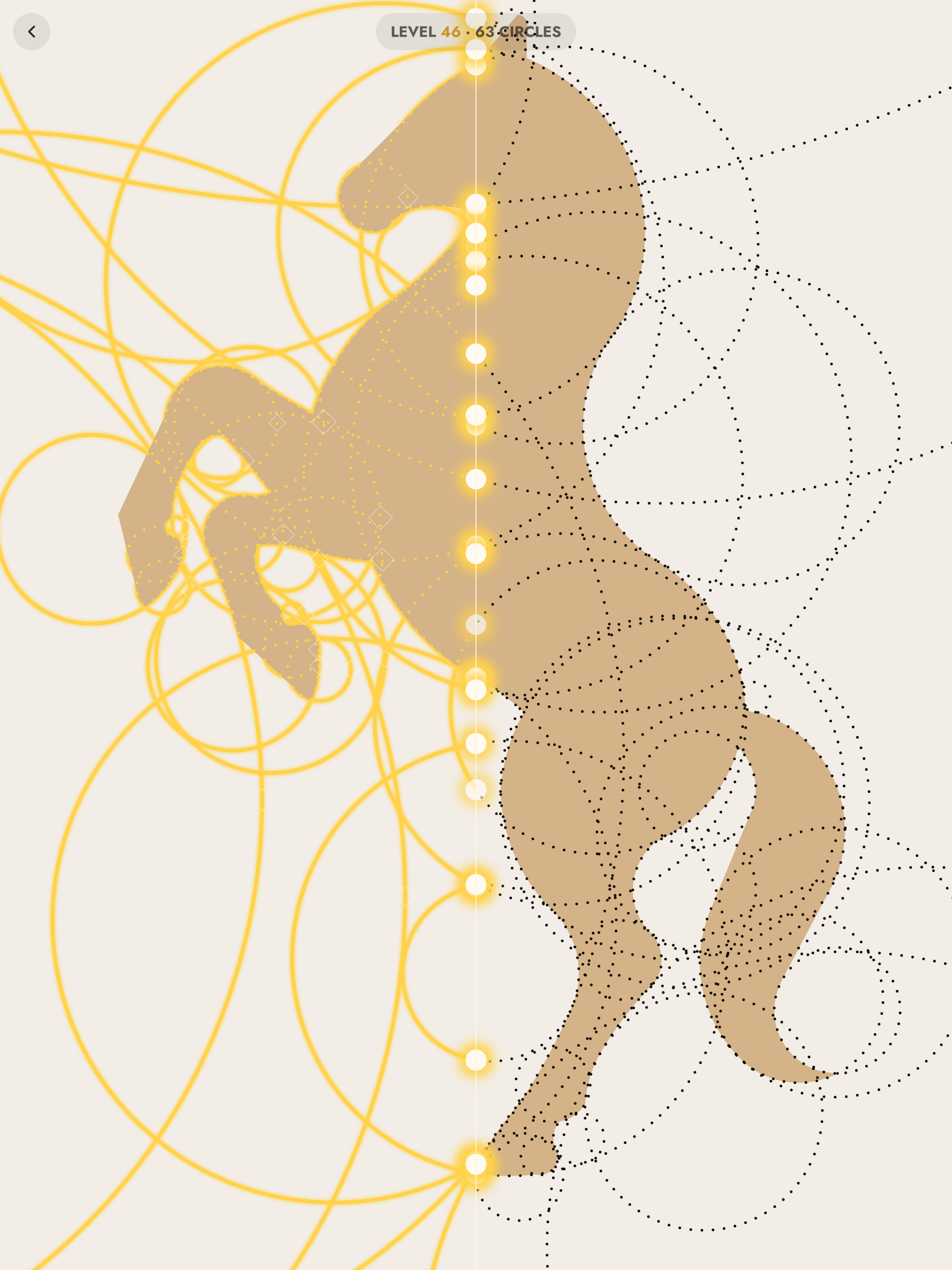Level 46 solved: a rearing horse, drawn from overlapping circles.