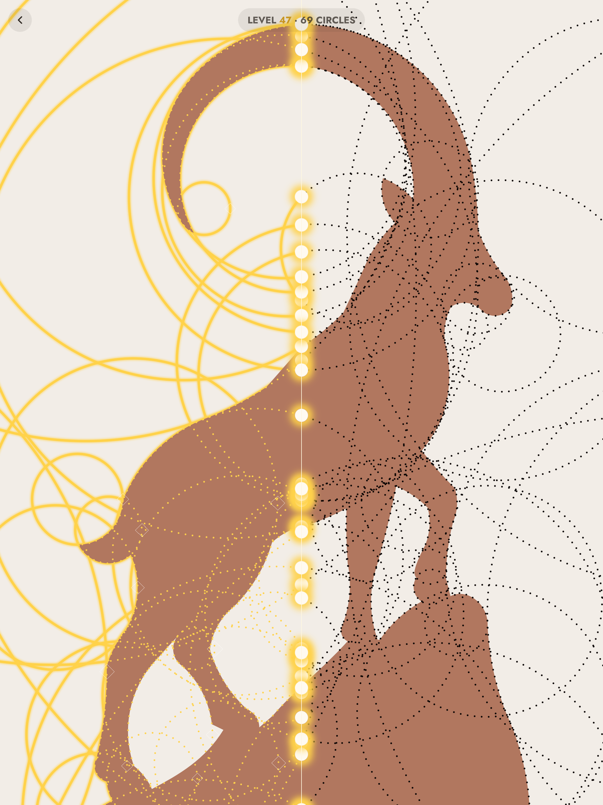 Level 47 solved: an ibex climbing a rock, drawn from circles.